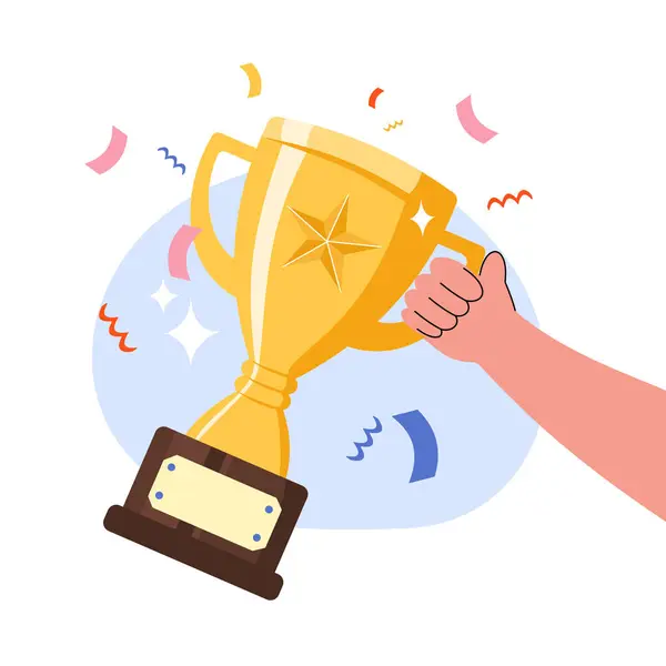 Altın kupayı tutan bir el, kazanan başarıyı ve başarıyı simgeliyor..