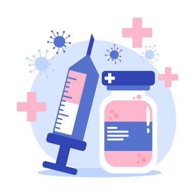 Şırınga, aşı şişesi ve virüs sembolünün vektör çizimi, aşı, aşı ve bulaşıcı hastalıklarla mücadele.