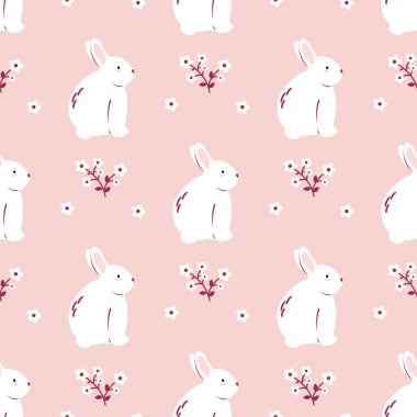 Pembe arka planda sevimli, pürüzsüz bir tavşan deseni. Vektör