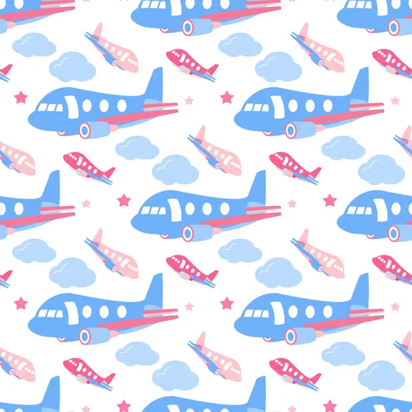 Tüylü bulutlar ve parıldayan yıldızlarla çevrili açık mavi ve pembe uçaklar. vektör