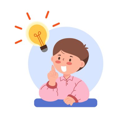 Kafasının üstünde parlak bir ışık saçan sarı bir ampulle harika bir fikri ya da yaratıcı düşünceyi sembolize eden bir jestle elini kaldıran bir çocuk..