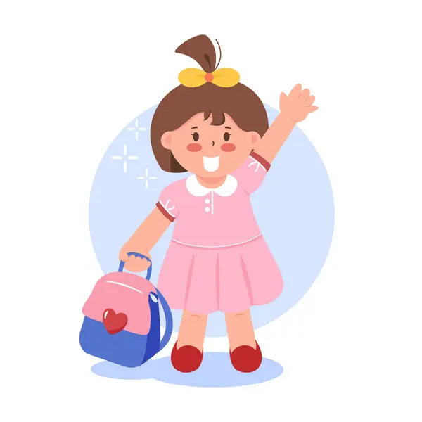 Pembe elbiseli küçük bir kız bir elinde sırt çantasıyla el sallıyor..