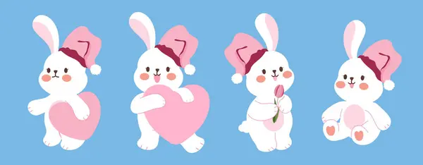 Pembe şapkalı ve kalbi olan neşeli bir tavşanın yer aldığı şirin bir çizgi film seti. Aşk teması için mükemmel, Sevgililer Günü ve Paskalya Günü.