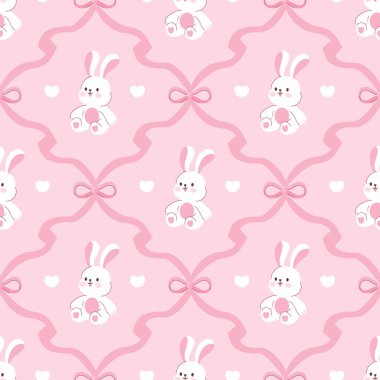 Pembe yay ve pembe pastel arka planda kalbi olan kusursuz beyaz tavşan deseni. Bebek ürünleri, tebrik kartları ve kumaş için mükemmel..