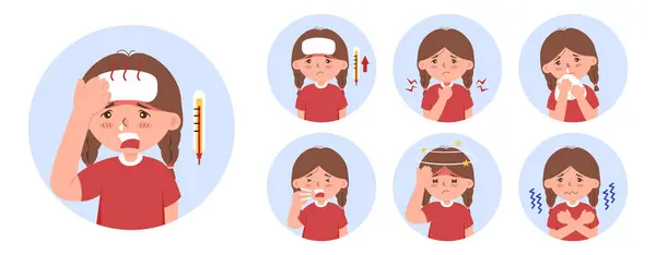 Hastalık belirtileri arasında ateş, boğaz ağrısı, burun akıntısı, öksürük, baş ağrısı ve titremeler, tıbbi ve sağlıklı yaşam için beyaz bir arkaplan üzerindeki düz izole çizimler yer alıyor..