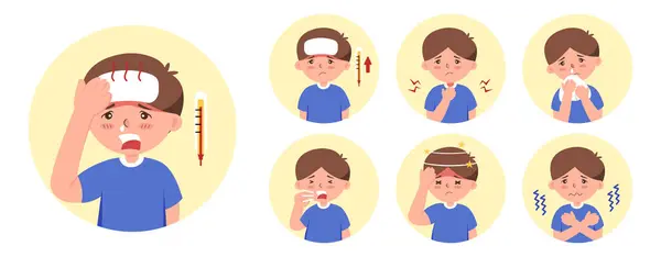 Grip belirtileri: ateş, boğaz ağrısı, burun akıntısı, öksürük, baş ağrısı ve titreme. Beyaz arkaplan üzerinde düz, izole çizimler.