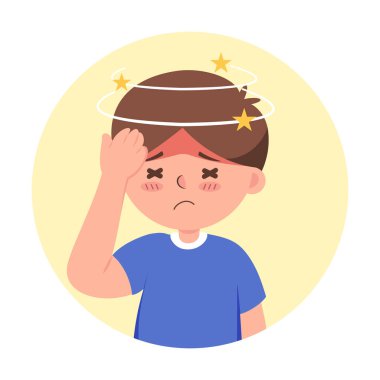 Baş ağrısı ve baş dönmesi belirtilerini gösteren bir vektör çizimi. (oğlan)