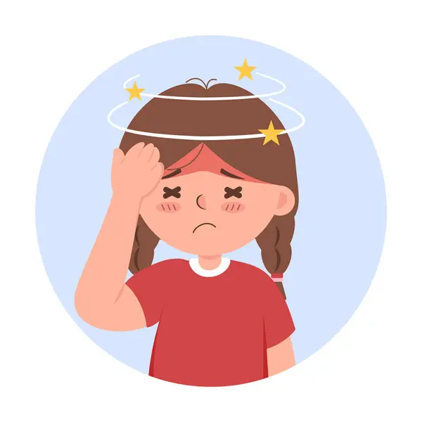 Baş ağrısı ve baş dönmesi belirtilerini gösteren bir vektör çizimi. (Kız)