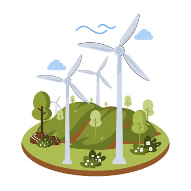 Rüzgar enerjisi rüzgar türbinlerinden üretilir. Türbinler dönüyor, temiz yenilenebilir enerji üretmek için doğal kaynakları kullanıyorlar, sürdürülebilirliği ve çevre dostu teknolojiyi sembolize ediyorlar..