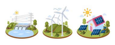 Güneş, rüzgar ve hidroelektrik gibi yenilenebilir enerji kaynakları. Görüntüde güneş panelleri, rüzgar türbinleri ve doğal kaynaklardan beslenen temiz ve sürdürülebilir bir barajı simgeleyen bir baraj yer alıyor..