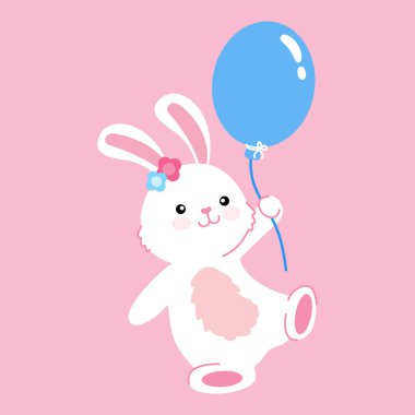 Mavi balon tutan neşeli bir tavşan bu çizgi film karakteri Paskalya ve mevsimlik tasarımlar için mükemmel..