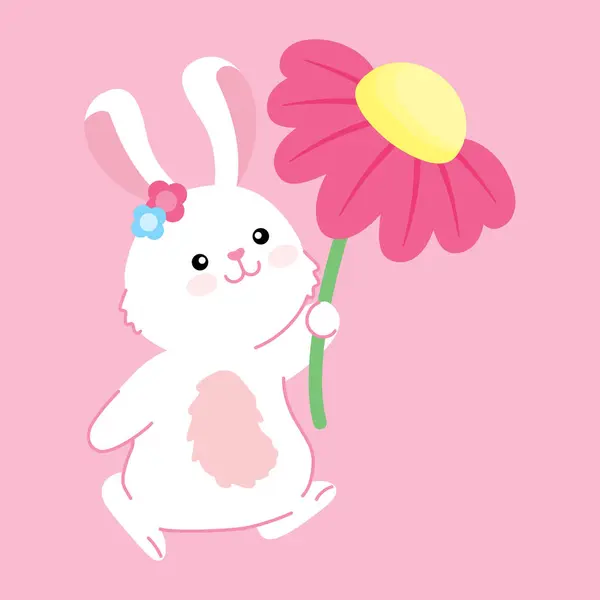 Çiçek tutan tatlı bir tavşan, aşkı ve baharı simgeliyor, Paskalya ve mevsimsel tasarımlar için mükemmel..