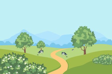 Ağaçlarla ve uzaktaki yüksek dağlarla benekli yeşil tepelerin vektör çizimi.