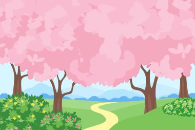İlkbaharın özünü yansıtan güzel bir vektör çizimi. Yuvarlanan tepeler ve çiçek açmış yumuşak pembe ağaçlarla..