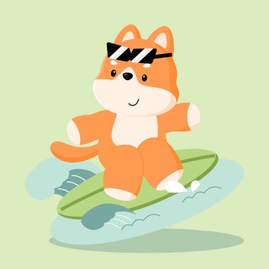 Sörf tahtasında güneş gözlüğü olan Shiba Inu köpeği güneş gözlüğü takıyor, sörf tahtası üzerinde dalgaları kucaklamaya hazır. Köpeklerin neşeli titreşimleri plajda rahat bir yaşam tarzını yansıtıyor..