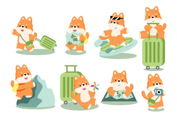 Shiba Inu seyahat koleksiyonu: Shiba Inu köpeklerinin bir bavul tutmak, haritayla keşfetmek, sörf yapmak, yürüyüş yapmak ve anıları yakalamak gibi çeşitli seyahat aktivitelerinde eğlenceli bir koleksiyon. 