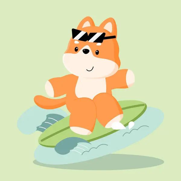 Sörf tahtasında güneş gözlüğü olan Shiba Inu köpeği güneş gözlüğü takıyor, sörf tahtası üzerinde dalgaları kucaklamaya hazır. Köpeklerin neşeli titreşimleri plajda rahat bir yaşam tarzını yansıtıyor..