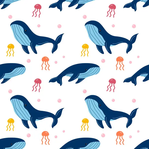 Denizanası balıklı balina ve pembe kabarcıklar dikişsiz desen