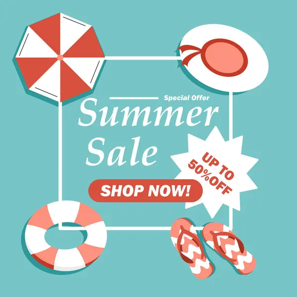 Yaz indirimi için% 50 indirimli vektör tasarımı. Şemsiyeli, şişme yüzüklü, parmak arası terlikli ve şapkalı mavi bir okyanus arka planı var. Plaj satışları ve yaz için ideal..