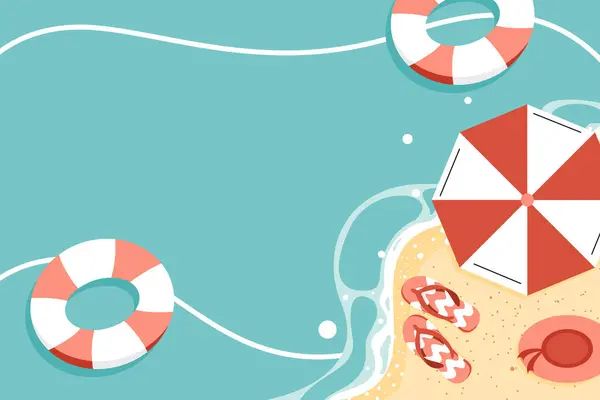 Vektör illüstrasyonu '% 50' ye varan indirimli bir yaz indirimi sergiliyor. ' Mavi su dalgaları, şemsiyeli, şişme yüzüklü, parmak arası terlikli ve şapkalı bir plaj sahnesi mevsimlik satışlar ve promosyonlar için mükemmel..