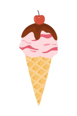 Kırmızı kirazla kaplanmış klasik bir dondurma külahının düz bir çizimi, yaz temalı herhangi bir tasarıma eğlenceli bir dokunuş ekler..