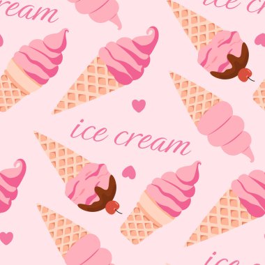 Yumuşak pembe arka planda lezzetli dondurma külahları sergilenen oyuncu, pürüzsüz bir desen. Tatlı temalı tasarımlar, ambalajlar ve neşeli yaz projeleri için ideal..
