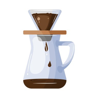 Bir cam sürahi ve kahve telveli bir filtre içeren kahve demleme düzeninin vektör çizimi.