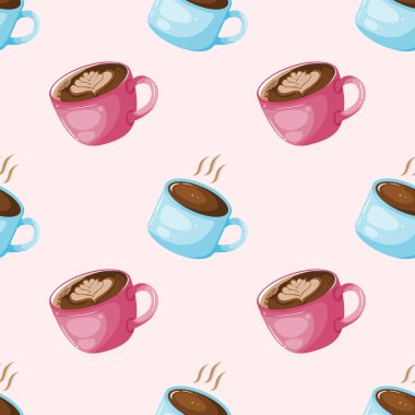 Latte sanatı ve buhar da dahil olmak üzere çeşitli kahve fincanlarının pembe ve mavi renkte, eğlenceli, pürüzsüz bir desen..