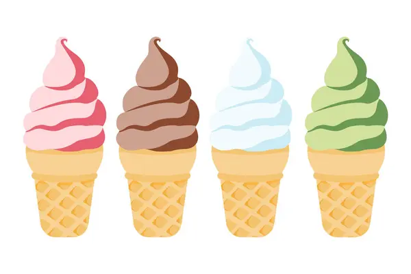 Dört popüler dondurma çeşnisinden oluşan bir vektör seti: çilek, vanilya, çikolata ve kibrit. Dondurma ve tatlı temalı kavramları resmetmek için mükemmel..