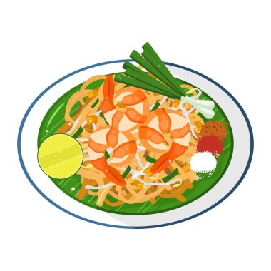 Popüler Tayland eriştesi Pad Thai 'nin vektör çizimi, taze malzemelerle dolu yuvarlak bir tabakta servis ediliyor. Bu görüntü, bu lezzetli ve ikonik Tayland sokak yemeğinin özünü yakalıyor..