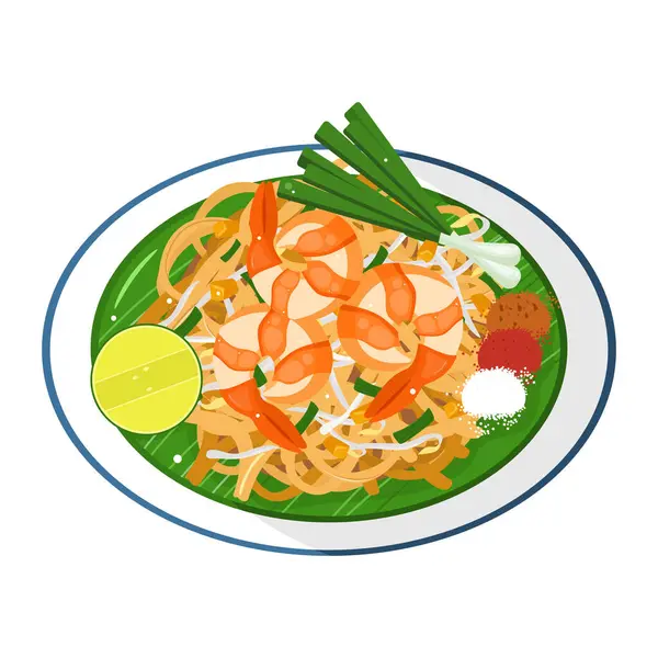 Popüler Tayland eriştesi Pad Thai 'nin vektör çizimi, taze malzemelerle dolu yuvarlak bir tabakta servis ediliyor. Bu görüntü, bu lezzetli ve ikonik Tayland sokak yemeğinin özünü yakalıyor..