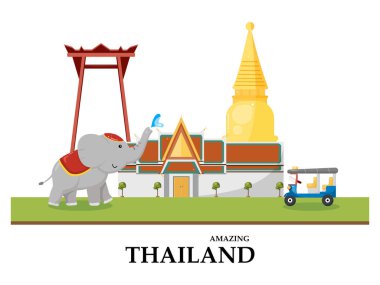 Tayland 'ın canlı bir illüstrasyonu, ikonik Wat Phra Kaew, dev salıncak, fil ve tuk-tuk' un 'Amazing Thailand' metni. Seyahat ve kültürel temalar için ideal.