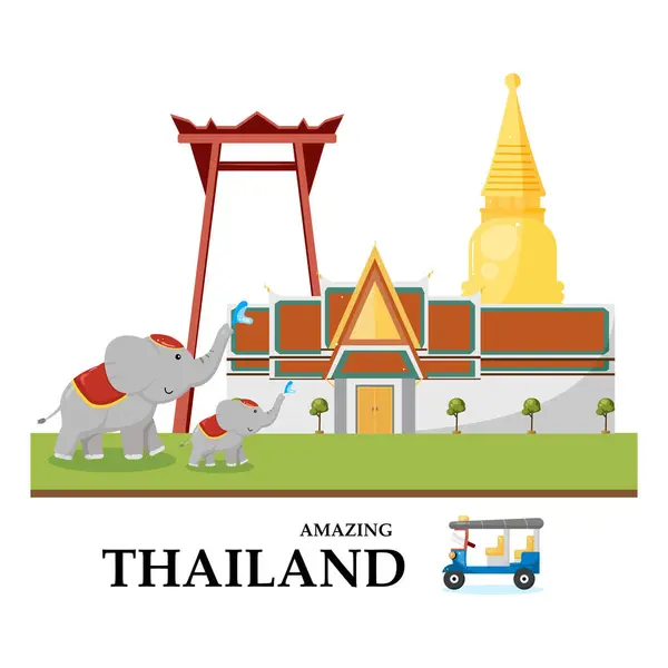 Tayland 'ın kültürel simgelerini (Wat Phra Kaew, Giant Swing, filler (yavru fil dahil) ve bir tuk-tuk) gösteren canlı bir illüstrasyon' Amazing Thailand 'metni. Seyahat için ideal.