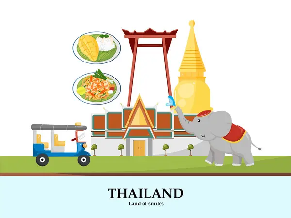 Tayland 'ın simgesel sembolleri arasında Wat Phra Kaew, fil, tuk-tuk ve temiz beyaz bir arkaplan üzerine kurulu popüler Tayland yemekleri yer alıyor. Seyahat ve kültürel temalar için ideal.