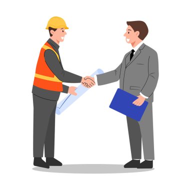 Bir inşaat işçisi (mühendis) ve bir işadamının el sıkışması, bir projede anlaşma ve ortaklığı sembolize eden bir vektör çizimi.