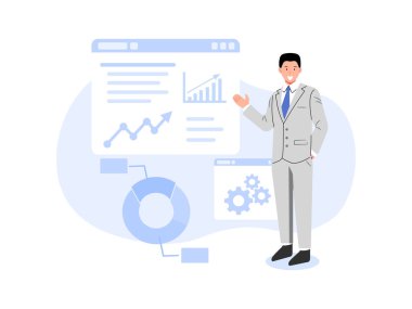 İş dünyasının büyüme ve analizini sembolize eden veri ve grafikleri sunan bir iş adamının vektör çizimi.