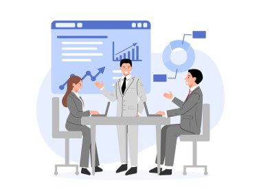 Profesyonellerin çizelgeler ve verileri tartıştığı bir iş toplantısının vektör çizimi.