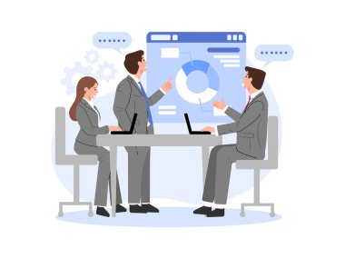 Bir beyin fırtınası toplantısının vektör çizimi takım çalışması, profesyonellerin çizelgeler ve verileri tartıştığı.