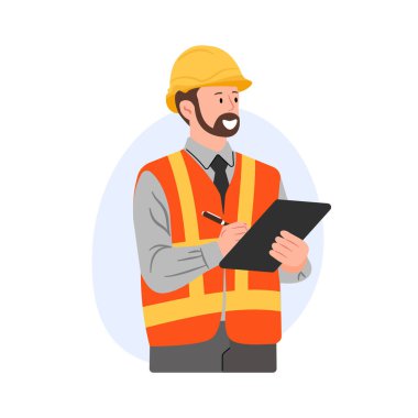 Sarı güvenlik kaskı ve turuncu yelek giyen bir mühendisin vektör çizimi. Elinde bir pano, teftişi ve iş denetimini simgeliyor..