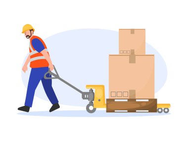 Bir depo çalışanının, bir palet krikosunun üzerinde karton kutular taşıdığını gösteren vektör illüstrasyonunda, bir depoda lojistik ve malzeme kullanımı gösteriliyor..