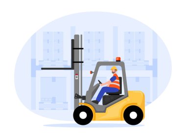 Depoda forklift kullanan bir depo çalışanının vektör çizimi..
