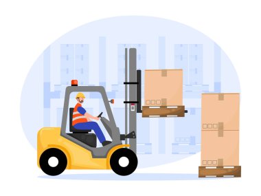 Forklift kullanan, depolama tesisinde kutu kaldıran bir depo çalışanının vektör çizimi..