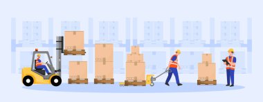 Forklift kullanan ve kutuları taşıyan işçilerin bulunduğu bir depo sahnesini tasvir eden bir vektör çizimi, lojistik ve malzeme kullanımı.