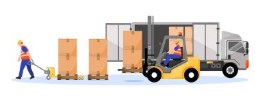 Kutuları taşıyan işçilerle dolu bir depo operasyonunu gösteren vektör illüstrasyonu. Teslimata hazır bir forklift ve tam teşekküllü bir lojistik işlem gösteren bir kamyon..