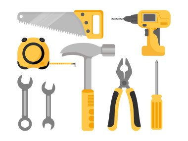 Çekiç, anahtar, tornavida, testere, kerpeten, mezura, mezura ve matkap gibi çeşitli el aletleri içeren bir vektör çizimi, DIY, inşaat veya onarım temaları için mükemmel.