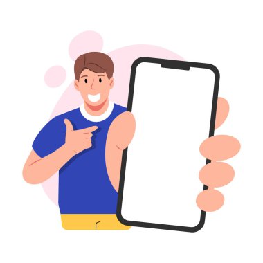 Akıllı telefonu boş ekran ile gösteren bir adamın vektör çizimi, cep telefonu modeli, sunum, teknoloji ve tanıtım temaları için ideal.