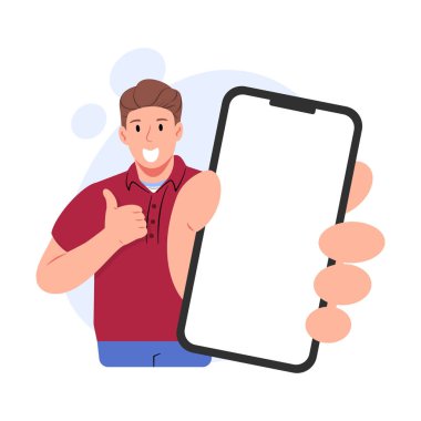 Cep telefonu, sunum, teknoloji ve promosyon temaları için mükemmel bir tasvir sunumu yaparken elinde boş ekran olan bir adamın vektör çizimi..