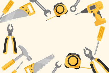 DIY, inşaat veya araçla ilgili arka planlar ve tasarımlar için mükemmel, çeşitli el araçlarının çerçevesini içeren bir vektör illüstrasyonuName.
