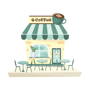 Açık havada oturan, çatıda büyük bir kahve fincanı bulunan, kafe ve içecek temalı büyüleyici bir kahve dükkanının vektör çizimi..