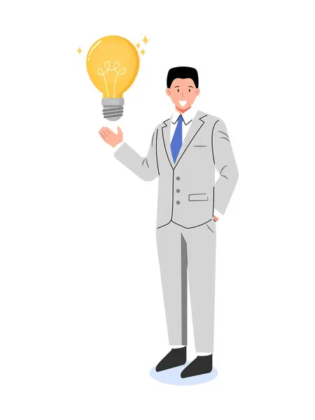 Elinde ampul tutan bir iş adamının vektör çizimi, fikirleri, yenilikleri ve yaratıcı çözümleri sembolize ediyor..